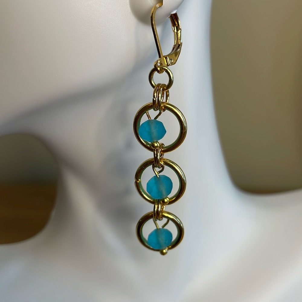 HAND CRAFTED EARRINGS BALL DROP DANGLE PIERCED Ocean Blue Beads Gold Rings Hoop